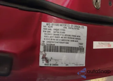 1999 Mercury Grand Marquis Ls из США, поврежденный, VIN 2MEFM75W7XX691588